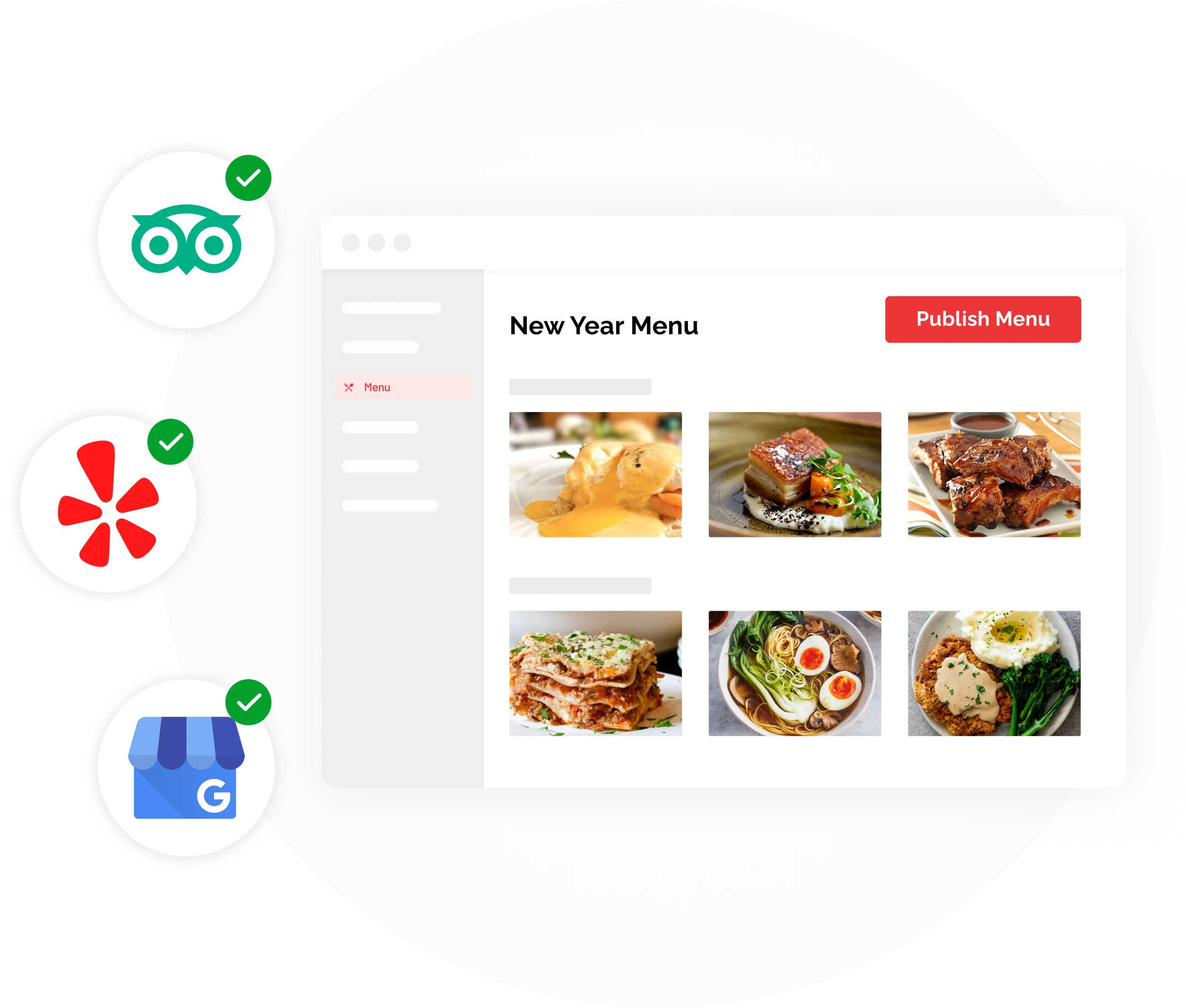A menu publishing portal for restaurant owners is shown. The interface displays a list of menu items with names, descriptions, and prices. A 'Publish' button is prominently featured. Outside the screen, icons representing Yelp, TripAdvisor, and Google My Business indicate the ability to publish the menu across these platforms. The image showcases the convenience of maintaining a single, updated menu across the internet with a single click.